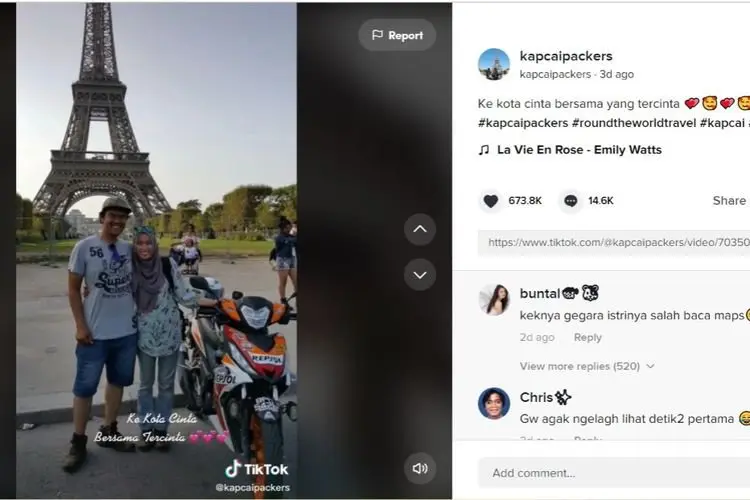 Viral! Pasutri Liburan ke Menara Eiffel Pakai Motor Supra, Netizen: Istrinya Salah Baca Maps