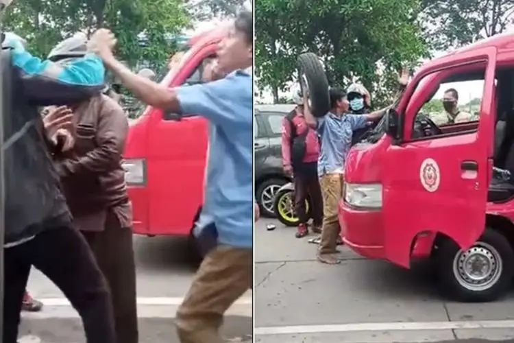 Viral Video Ojol dan Sopir Angkot Adu Jotos Sampai Angkat Ban Serep