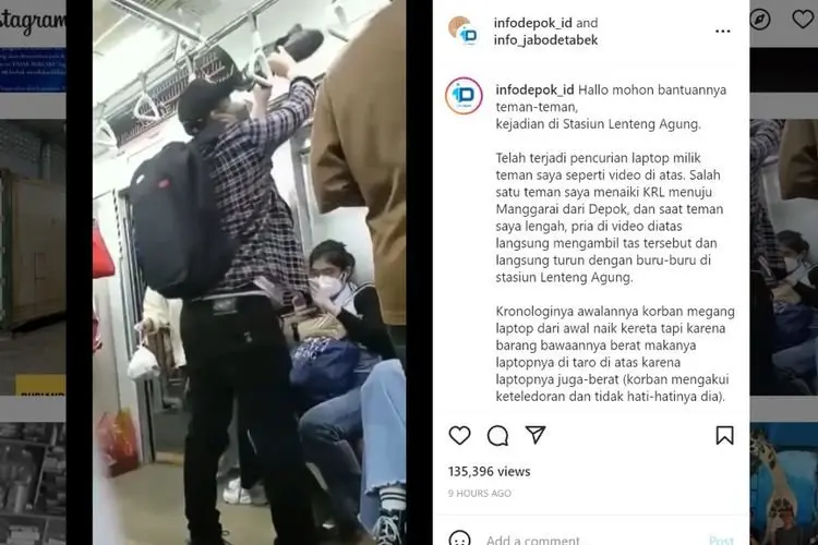 Viral! Seorang Pria Curi Tas Berisi Laptop di KRL, Kejadian di Stasiun Lenteng Agung