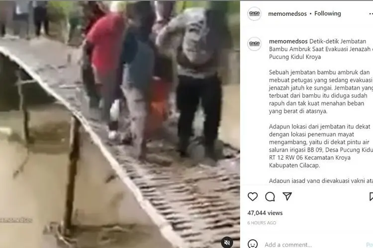 Viral! Evakuasi Jenazah Lewat Jembatan Bambu, Berujung Ambruk dan Jenazah Kecemplung