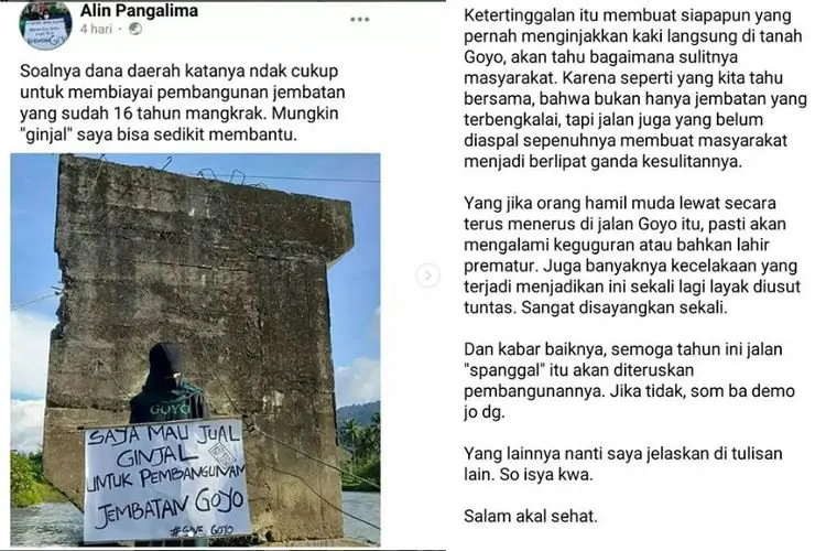 Ini Alasan Alin Pangalima Ingin Jual Ginjalnya untuk Bangun Jembatan di Desanya yang Mangkrak Belasan Tahun