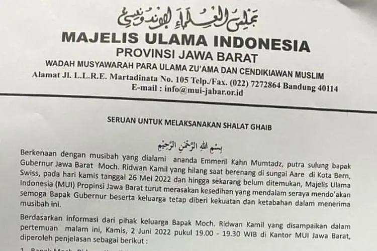 Eril Putra Ridwan Kamil Dinyatakan Hilang Tenggelam, MUI Jabar Serukan Salat Gaib