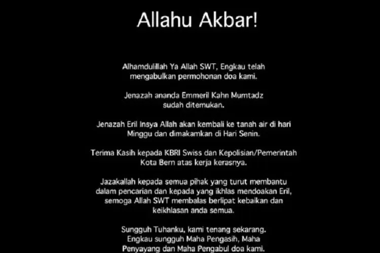 Jasad Eril Ditemukan, Ini Pernyataan Pertama Ridwan Kamil: 'Allahu Akbar!'