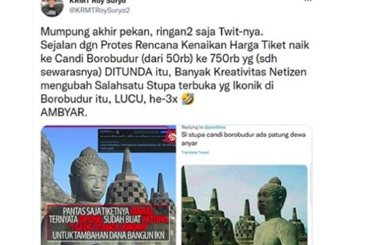 Unggah Foto Stupa Candi Borobudur Mirip Jokowi, Tagar #TangkapRoySuryo Trending di Twitter