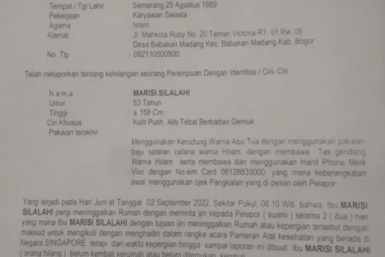 Polda Jabar Selidiki Laporan Wanita Paruh Baya asal Bandung Hilang di Singapura