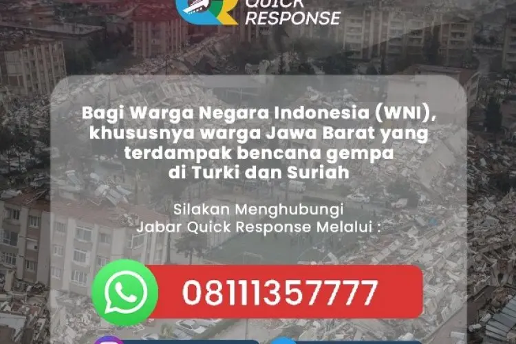 Bantu Pelaporan Warga Jabar Korban Gempa Turki dan Syiria, JQR Sediakan Hotline