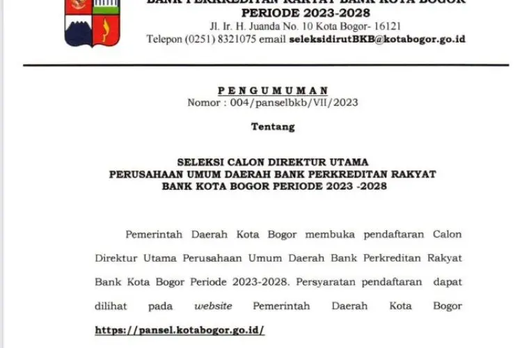 Pemkot Cari Calon Dirut Perumda BPR Bank Kota Bogor
