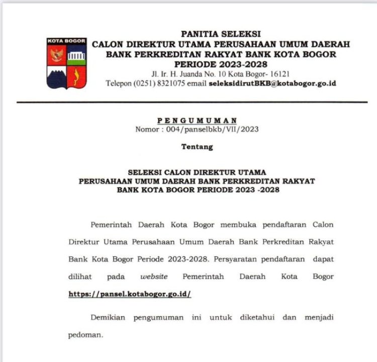 Pemkot Cari Calon Dirut Perumda BPR Bank Kota Bogor