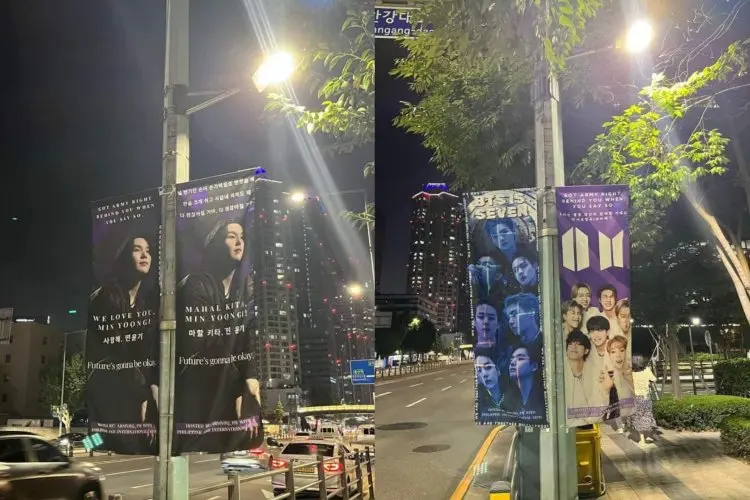ARMY Internasional Pasang Spanduk Suga BTS di Depan Gedung HYBE Sebagai Bentuk Dukungan