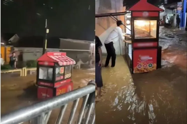 Viral Gerobak Ayam Goreng Tepung Terbawa Arus Banjir di Banjaran Bandung
