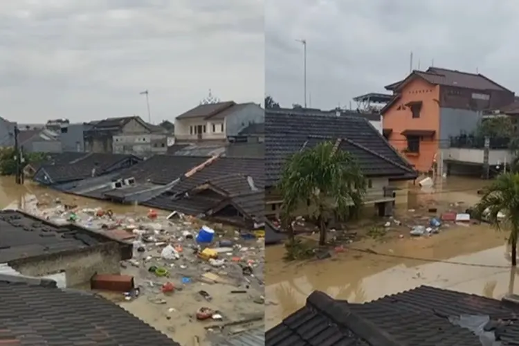 Banjir Rendam Villa Nusa Indah Bekasi hingga Hampir Menutup Atap Rumah