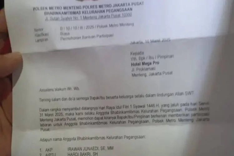 Surat Permohonan THR Diduga dari Polsek Metro Menteng Viral di Media Sosial