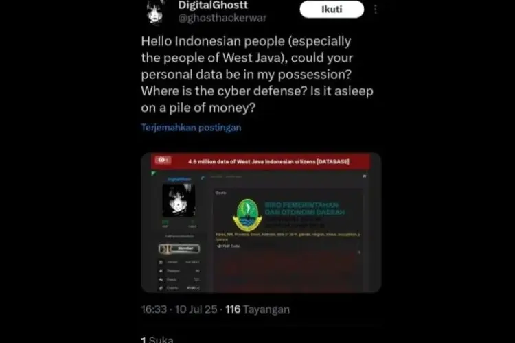 Usai Buat Heboh, Hacker DigitalGhostt Klaim Tak Jual Data Warga Jabar