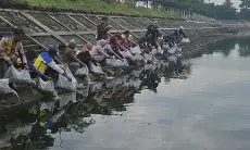 DPRD dan Dinas Pangan Kabupaten Bandung Melakukan Restocking Ikan di Kolam Retensi Cieunteung Baleendah