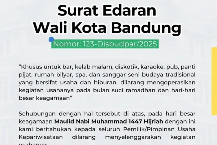Maulid Nabi Muhammad SAW 1447 H, Pemkot Bandung Larang Tempat Hiburan Beroperasi