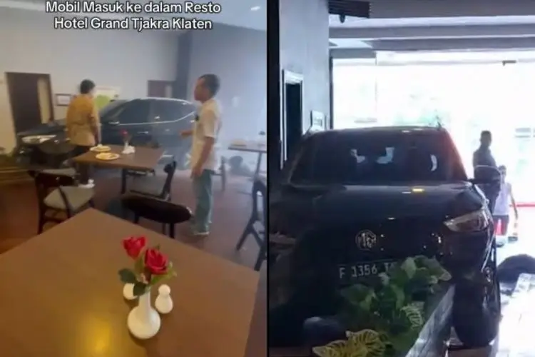Viral! Mobil Listrik Tabrak Restoran Hotel Grand Tjakra Klaten hingga Pengunjung Panik