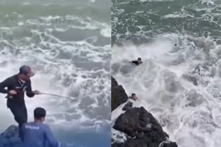 Viral Detik-detik Dua Pemancing Tersapu Ombak di Pantai Cikeueus Sukabumi