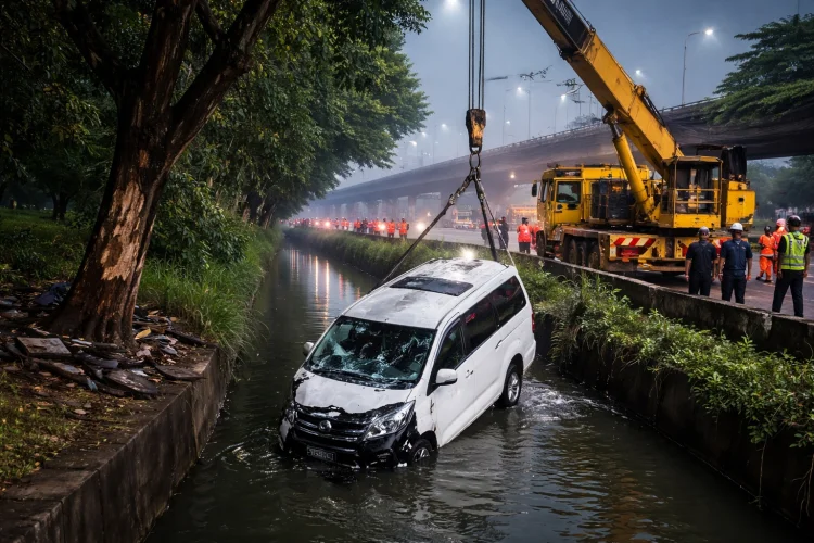 Hindari Motor, Minibus Tabrak Pohon lalu Terjun ke Kali di JORR Cengkareng