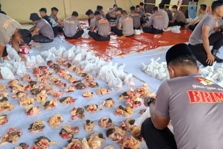 Wujud Kepedulian ke Masyarakat, Batalyon D Pelopor Bagikan 1.900 Paket Daging Kurban